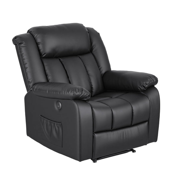 Artiss Manual Massage Recliner Chair for Living Room, Leather Sofa Lounge Reclining Chair with 2 USB Port, 160° Recline Reading Chair with 20CM Wide Armrests, 8 Point Vibration & Lumbar Heat, Black - RnR Galore