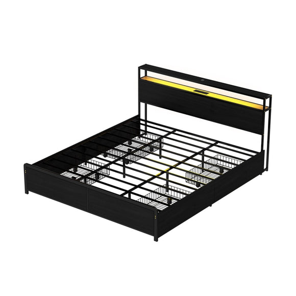 Artiss Metal Bed Frame King Size Storage Headboard Charge Station LED 4 Drawers - RnR Galore