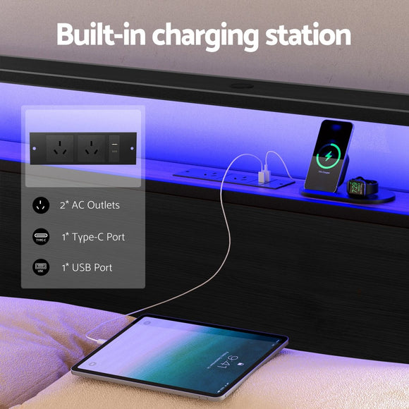 Artiss Metal Bed Frame Queen Size Storage Headboard Charge Station LED 4 Drawers - RnR Galore