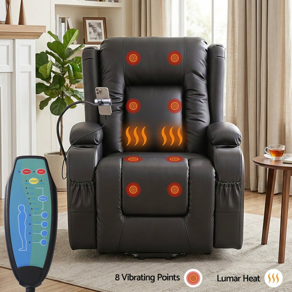 Artiss Power Lift Recliner Chair with Massage and Heat for Elderly, Electric Sofa Reclining Chair with USB and Phone Holder, PU Leather Comfy Armchair for Living Room, 2 Cup Holder & 4 Pockets, Black - RnR Galore