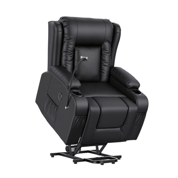 Artiss Power Lift Recliner Chair with Massage and Heat for Elderly, Electric Sofa Reclining Chair with USB and Phone Holder, PU Leather Comfy Armchair for Living Room, 2 Cup Holder & 4 Pockets, Black - RnR Galore