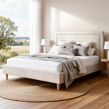 Artiss Queen Bed Frame Platform Bed Base Upholstered Headboard Linen Fabric Beige - RnR Galore