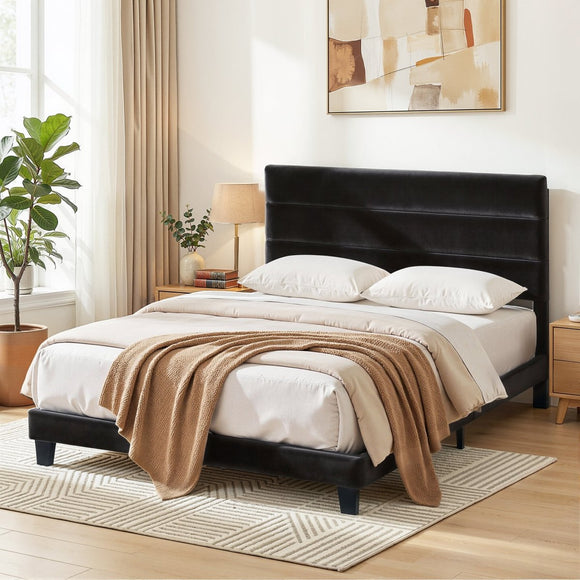 Artiss Queen Bed Frame Upholstered Platform Base with Geometric Headboard Black Velvet - RnR Galore