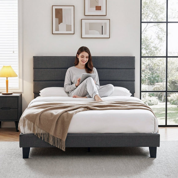 Artiss Queen Bed Frame Upholstered Platform Base with Geometric Headboard Charcoal Grey Linen Wood Slats for Modern Bedroom Furniture Home Decor - RnR Galore