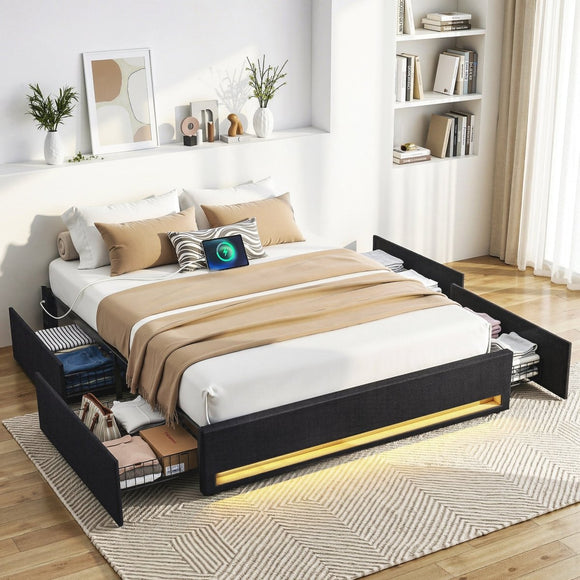 Artiss Queen Bed Frame with Storage Drawers RGB Lights Charging Station Upholstered Fabric - RnR Galore