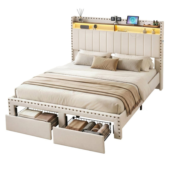 Artiss Queen Upholstered Bed Frame with Shelf Storage Drawers Charging Station Mood Lighting Linen - RnR Galore