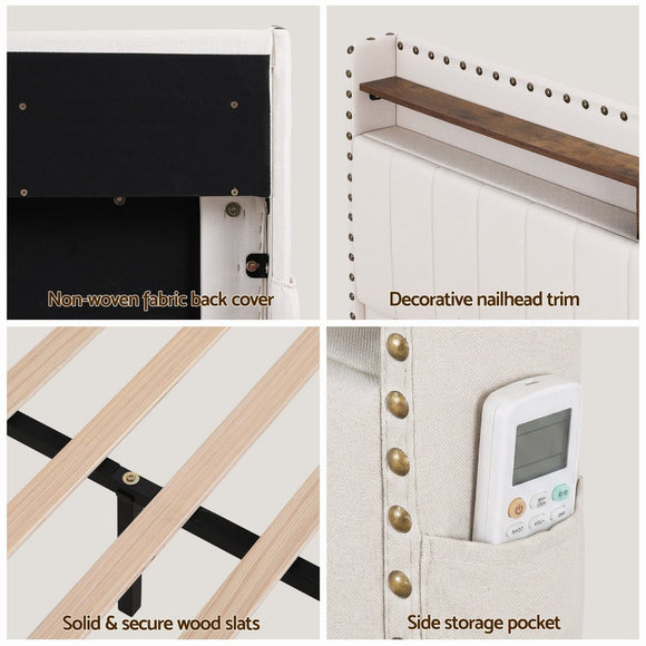Artiss Queen Upholstered Bed Frame with Shelf Storage Drawers Charging Station Mood Lighting Linen - RnR Galore
