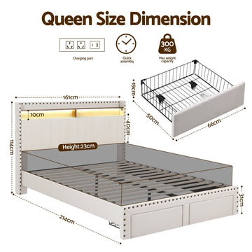 Artiss Queen Upholstered Bed Frame with Shelf Storage Drawers Charging Station Mood Lighting Linen - RnR Galore