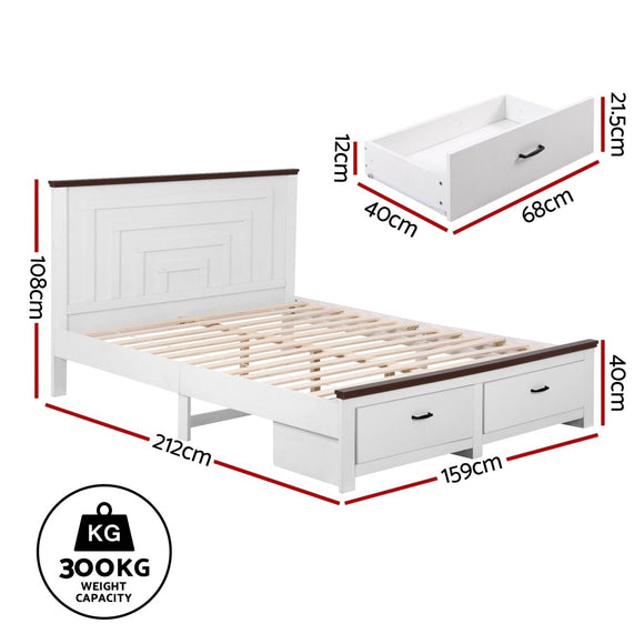 Artiss Queen Wooden Bed Frame with 2 Drawer Platform Bed with 108cm Solid High Headboard White Bed Base for Bedroom Easy Assembly - RnR Galore