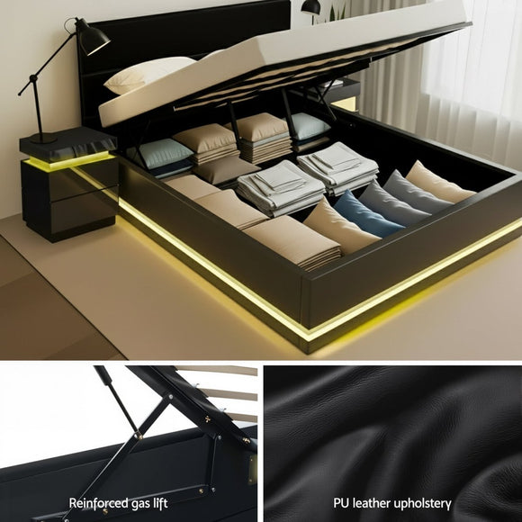 Artiss RGB LED Queen Bed Frame with 2 Beside Tables Set 16 Colour Mood Lighting - RnR Galore