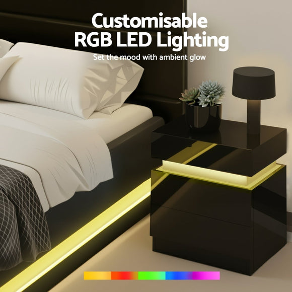 Artiss RGB LED Queen Bed Frame with 2 Beside Tables Set 16 Colour Mood Lighting - RnR Galore