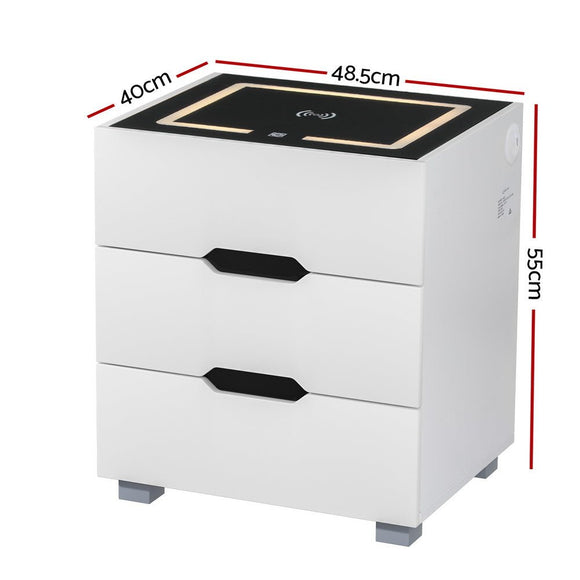 Artiss Smart Bedside Table 3 Drawers with Wireless Charging Ports LED White ADAD - RnR Galore