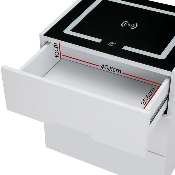 Artiss Smart Bedside Table 3 Drawers with Wireless Charging Ports LED White ADAD - RnR Galore