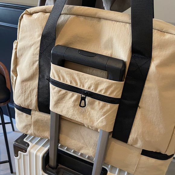 Beige and Black Large Capacity Travel Bag with Wet/Dry Separation - Canvas + Polyester, Lightweight Handbag for Short Trips and Fitness, Fits on Luggage - RnR Galore