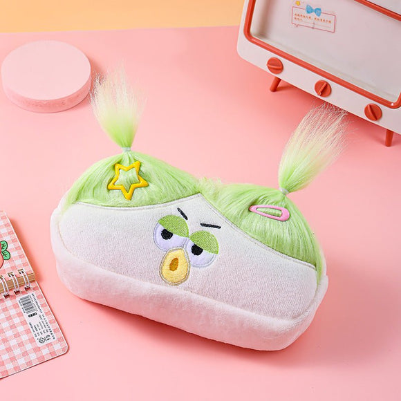 Beige and Light Green Hair Cute Plush Monster Pencil Case - Fluffy Stationery Pouch with DIY Styleable Hair for Kids - RnR Galore