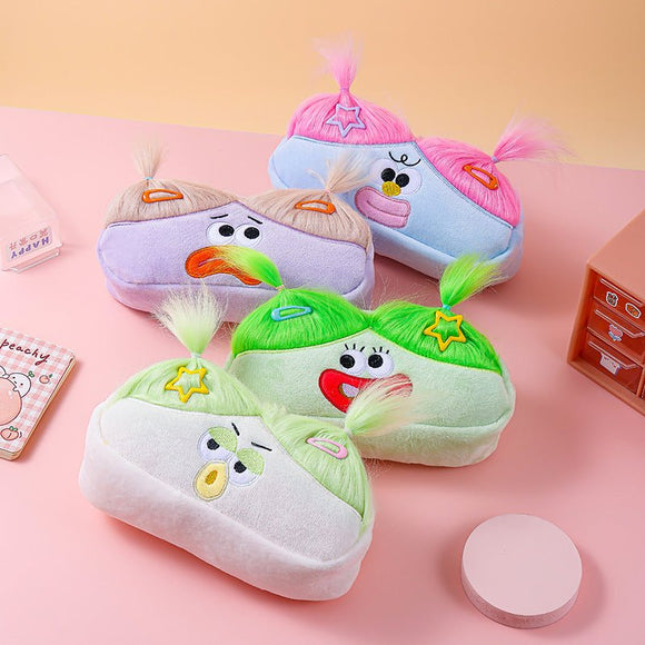 Beige and Light Green Hair Cute Plush Monster Pencil Case - Fluffy Stationery Pouch with DIY Styleable Hair for Kids - RnR Galore