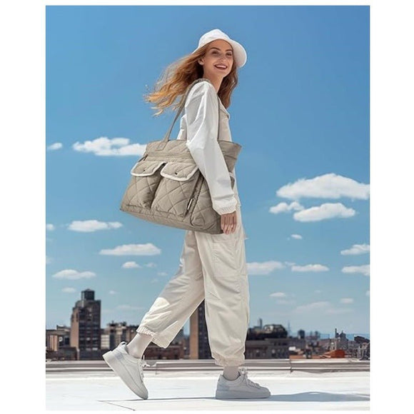 Beige Women's Multi - Pocket Tote Bag - Large Quilted Travel Handbag for Work, Gym, and More - RnR Galore