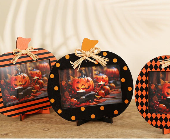Black and Orange Stripes Pattern Festive Pumpkin Photo Frame - Rustic Halloween Tabletop Picture Holder - RnR Galore