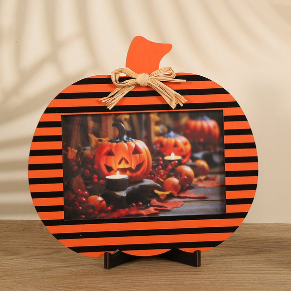 Black and Orange Stripes Pattern Festive Pumpkin Photo Frame - Rustic Halloween Tabletop Picture Holder - RnR Galore