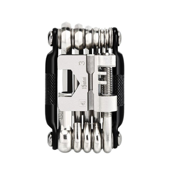 Black and Silver 16 in 1 Bicycle Repair Multi Tool - Compact Folding Bike Tool Kit with Chain Breaker for MTB Road Cycling - RnR Galore