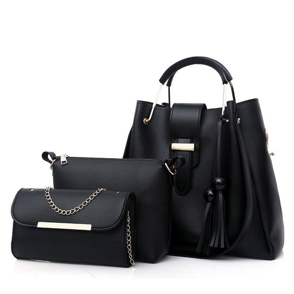 Black Chic 3 - Piece Women's Handbag Set - PU Leather Tote, Crossbody Bag & Clutch Purse - RnR Galore
