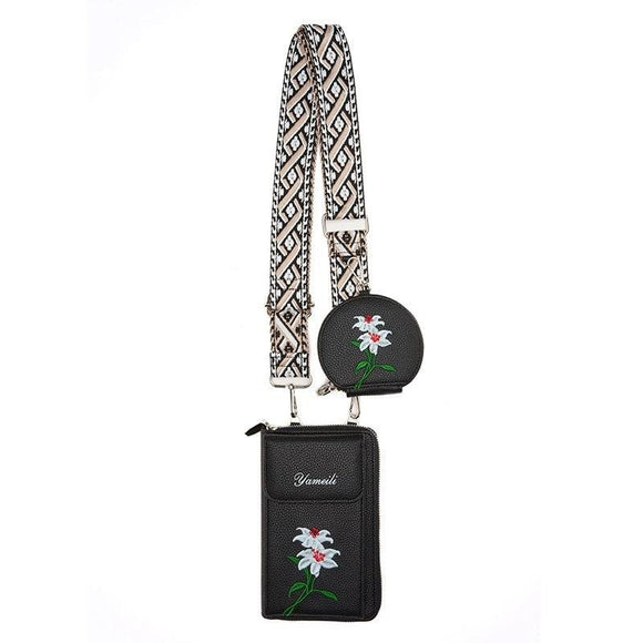Black Chic Floral Embroidered 2 - in - 1 Crossbody Phone Bag with Coin Purse - RnR Galore