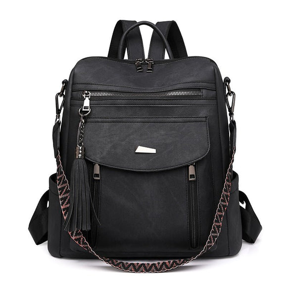 Black Chic Women's PU Leather Convertible Backpack - Anti - Theft Design, Multi - Pocket Shoulder Bag with Tassel - RnR Galore