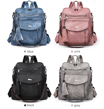 Black Chic Women's PU Leather Convertible Backpack - Anti - Theft Design, Multi - Pocket Shoulder Bag with Tassel - RnR Galore