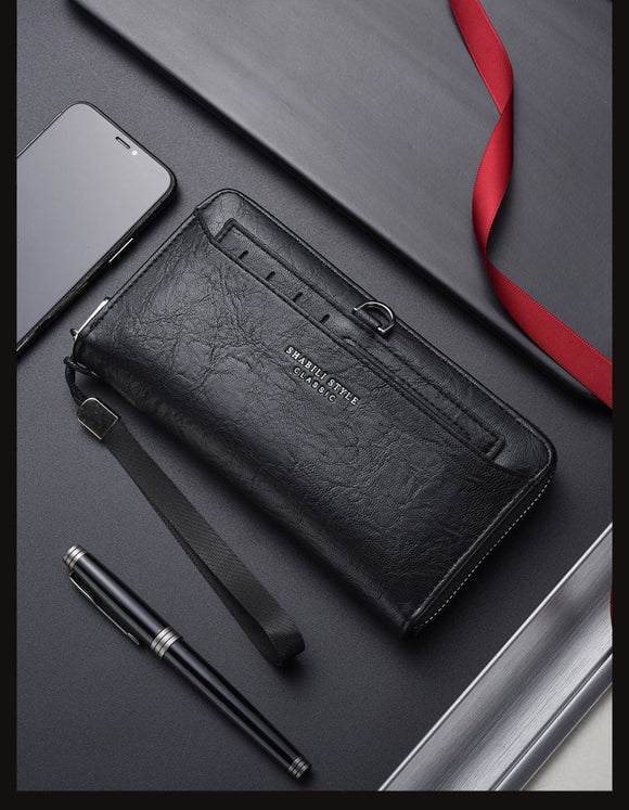 Black Classic Long Zipper Wallet Clutch - Large Capacity PU Leather Phone & Card Holder with Wrist Strap - RnR Galore