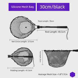 Black High Strength Large Landing Net - Fishing Net with Foldable Handle and Soft Rubber Netting, Dip Net for Fishing, Ideal for Boat, Pier, River Angling - RnR Galore