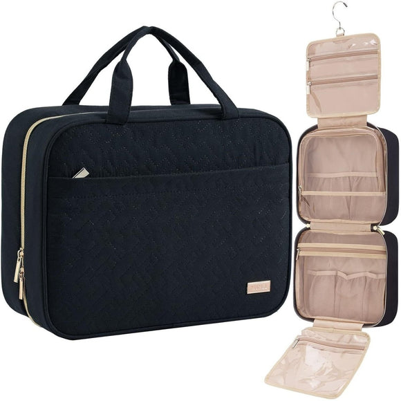 Black Large Capacity Hanging Toiletry Bag for Women(30.5 x 22.5 x 12 cm) - Checked Pattern Waterproof Cosmetic Organizer, Dry/Wet Separation & Multi - Compartment - RnR Galore
