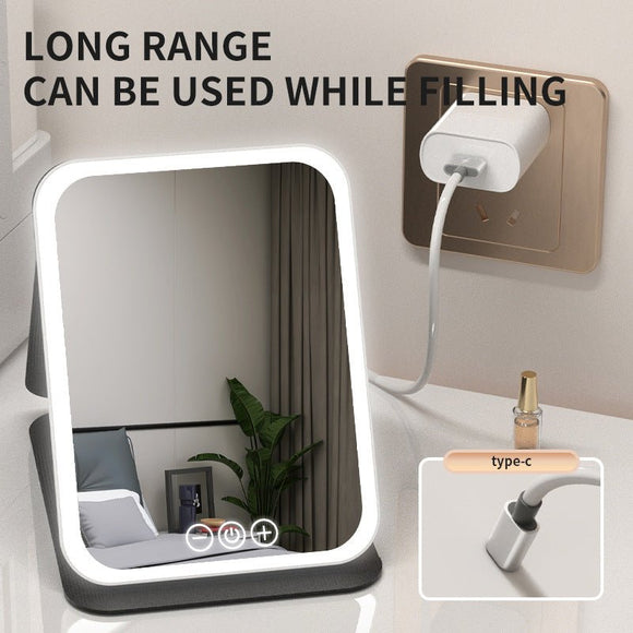 Black Large Foldable LED Makeup Mirror - Portable Desktop Vanity with 3 Color Lights, Stepless Dimming & Adjustable Stand - RnR Galore