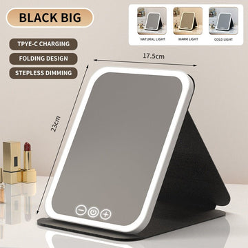 Black Large Foldable LED Makeup Mirror - Portable Desktop Vanity with 3 Color Lights, Stepless Dimming & Adjustable Stand - RnR Galore