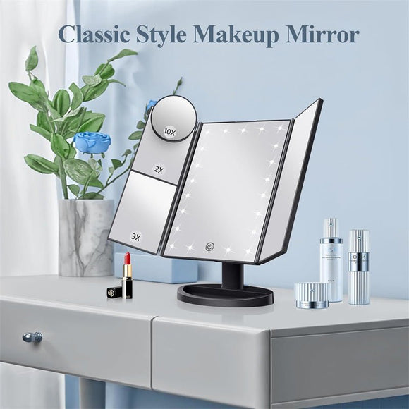 Black LED Lighted Tri - Fold Vanity Mirror with 2X/3X/10X Magnification - RnR Galore