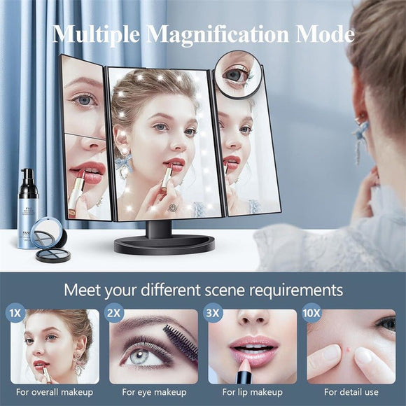 Black LED Lighted Tri - Fold Vanity Mirror with 2X/3X/10X Magnification - RnR Galore