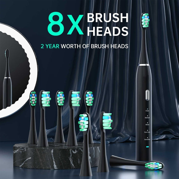 Black Sonic Rechargeable Electric Toothbrush with 8 Heads & Travel Case - 5 Brushing Modes & Smart Timer(USB) - RnR Galore