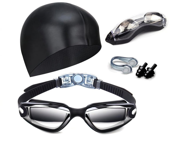 Black Swim Goggles Set with Cap, Nose Clip, Earplugs & Case: Anti - Fog UV Protection for Men & Women - RnR Galore