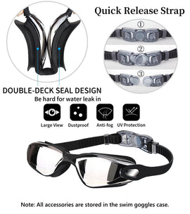 Black Swim Goggles Set with Cap, Nose Clip, Earplugs & Case: Anti - Fog UV Protection for Men & Women - RnR Galore