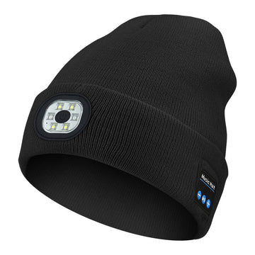 Black Wireless Bluetooth Beanie Hat with USB Rechargeable LED Headlight - Unisex Knit Cap for Running & Camping - RnR Galore