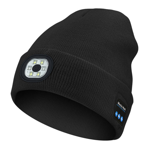 Black Wireless Bluetooth Beanie Hat with USB Rechargeable LED Headlight - Unisex Knit Cap for Running & Camping - RnR Galore
