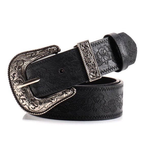 Black Women's Western Style Embossed Belt 2 Pack Vintage PU Leather Waistband with Antique Silver Buckle for Jeans and Dresses Y2K Fashion - RnR Galore
