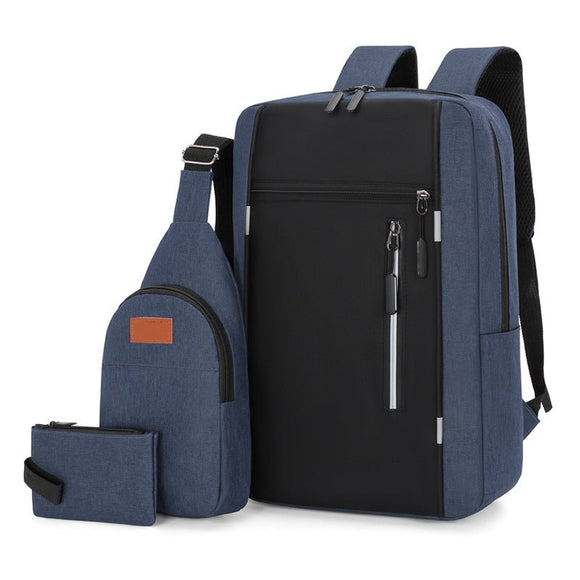 Blue 3 Piece Mens Backpack Set with Sling Bag and Pouch USB Charging Port Large Capacity Laptop Daypack Water Resistant Business Travel School Bag - RnR Galore