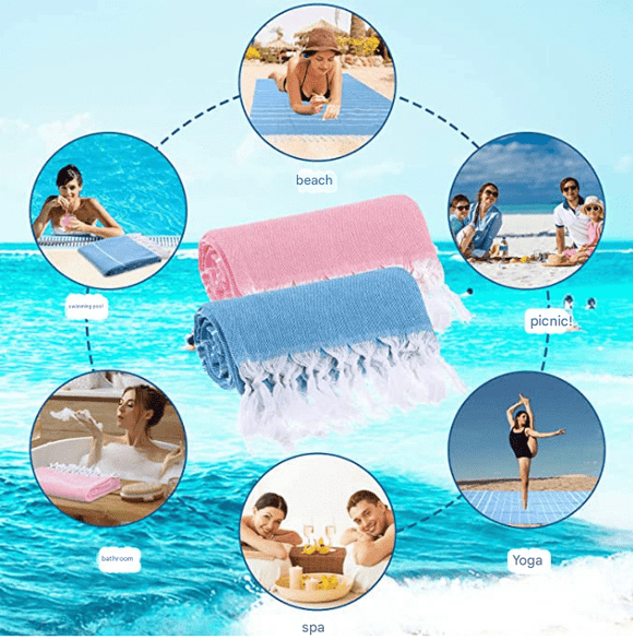 Blue Chic Striped 100% Cotton Beach Towel with Tassels - Extra Large & Absorbent (180x90cm) - RnR Galore