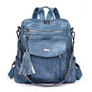 Blue Chic Women's PU Leather Convertible Backpack - Anti - Theft Design, Multi - Pocket Shoulder Bag with Tassel - RnR Galore