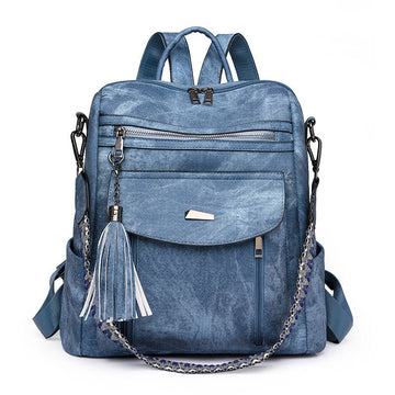Blue Chic Women's PU Leather Convertible Backpack - Anti - Theft Design, Multi - Pocket Shoulder Bag with Tassel - RnR Galore