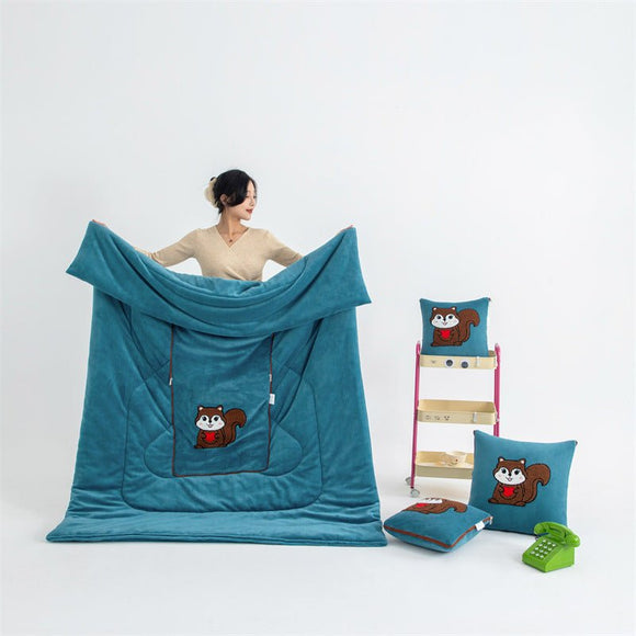 Blue Little Squirrel - 2 - in - 1 Foldable Car Pillow Blanket - Cozy 40x40cm Pillow, Unfolds to 100x150cm Blanket for Travel and Office Naps - RnR Galore