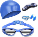 Blue Swim Goggles Set with Cap, Nose Clip, Earplugs & Case: Anti - Fog UV Protection for Men & Women - RnR Galore
