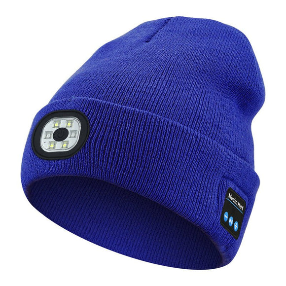 Blue Wireless Bluetooth Beanie Hat with USB Rechargeable LED Headlight - Unisex Knit Cap for Running & Camping - RnR Galore