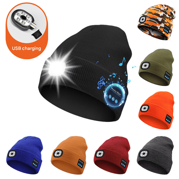 Blue Wireless Bluetooth Beanie Hat with USB Rechargeable LED Headlight - Unisex Knit Cap for Running & Camping - RnR Galore