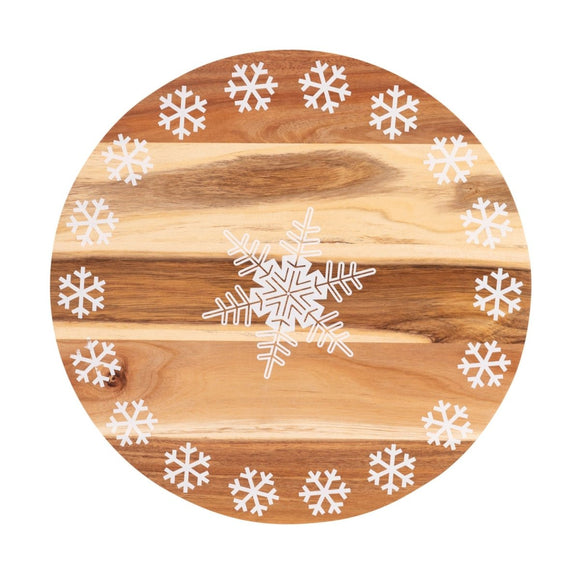 Bread and Butter 18 Inch Print Wooden Lazy Susan Tray - White Snowflake - RnR Galore
